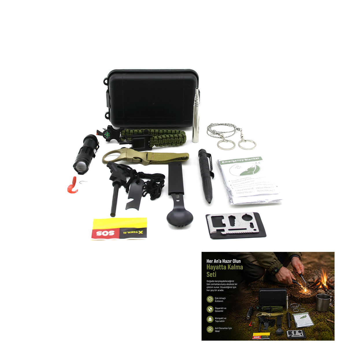 12 Parça Kamp ve Hayatta Kalma Seti (Survival Kit)