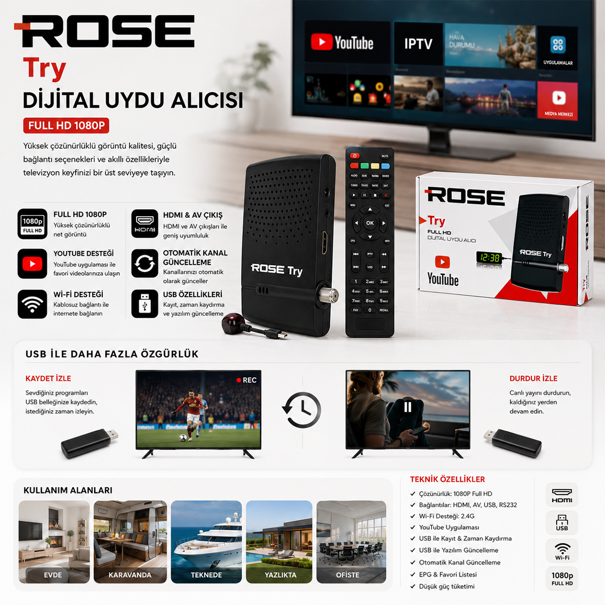 Full HD 1080P Dijital Uydu Alıcısı (WiFi, HDMI, AV, RS232)