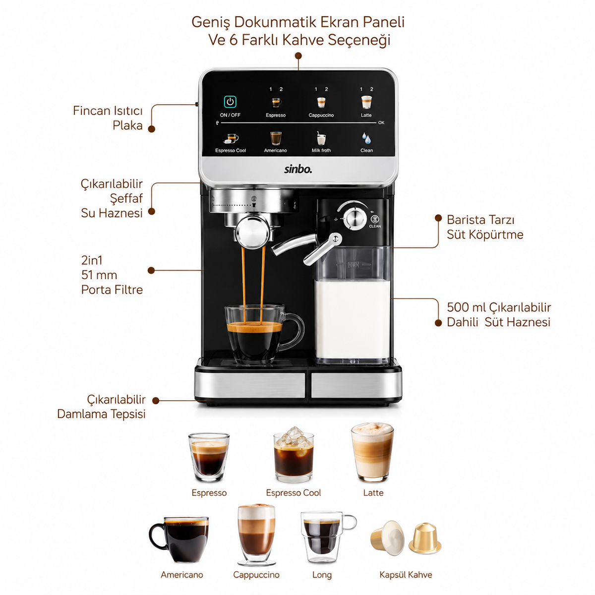 Espresso Kahve Makinesi 6 Programlı - 1.5L Su & 500ml Süt Haznesi