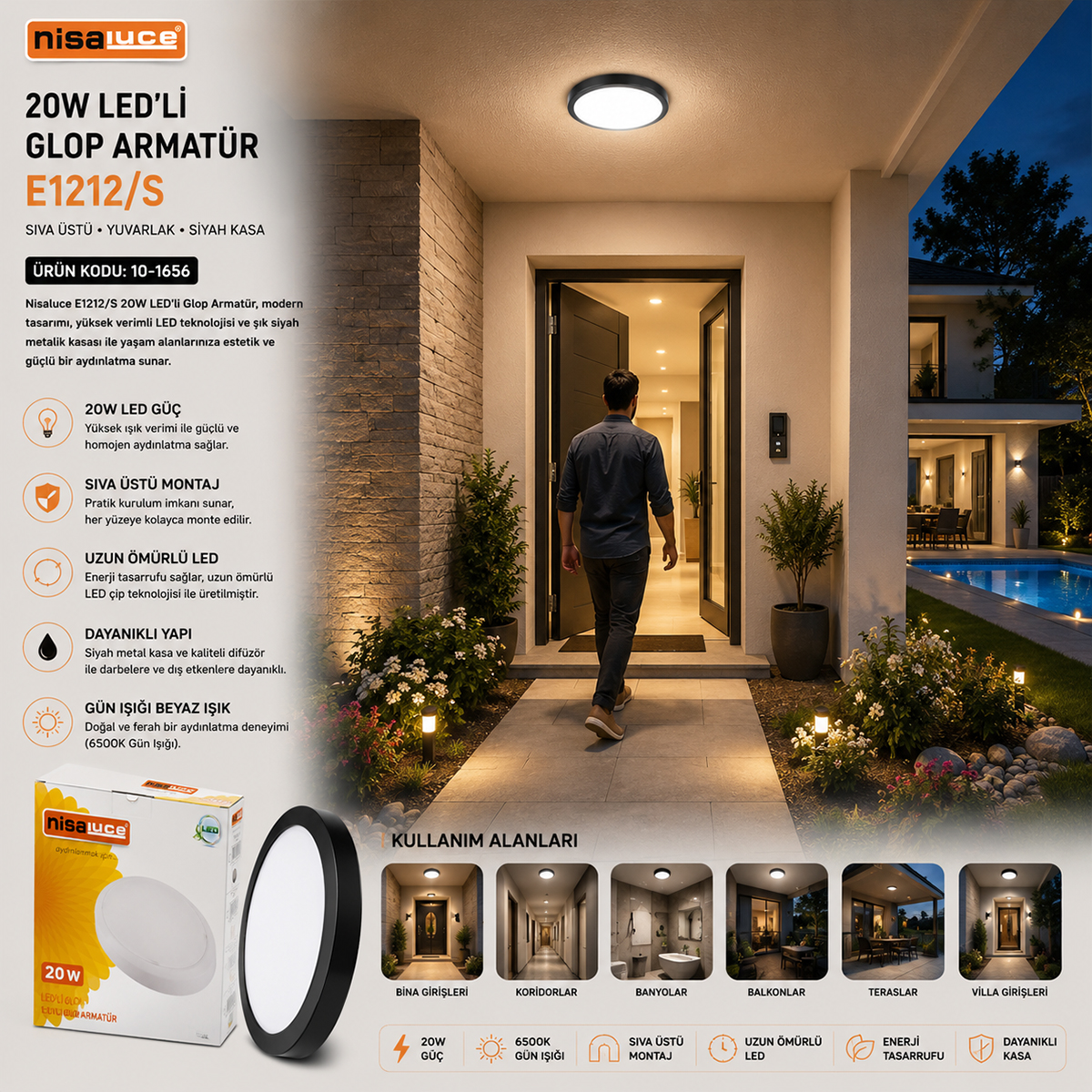 20W LED Glop Armatür Sıva Üstü Yuvarlak Siyah 6500K 1800Lm IP20