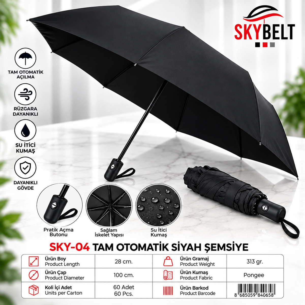 Erkek Tam Otomatik Siyah Şemsiye