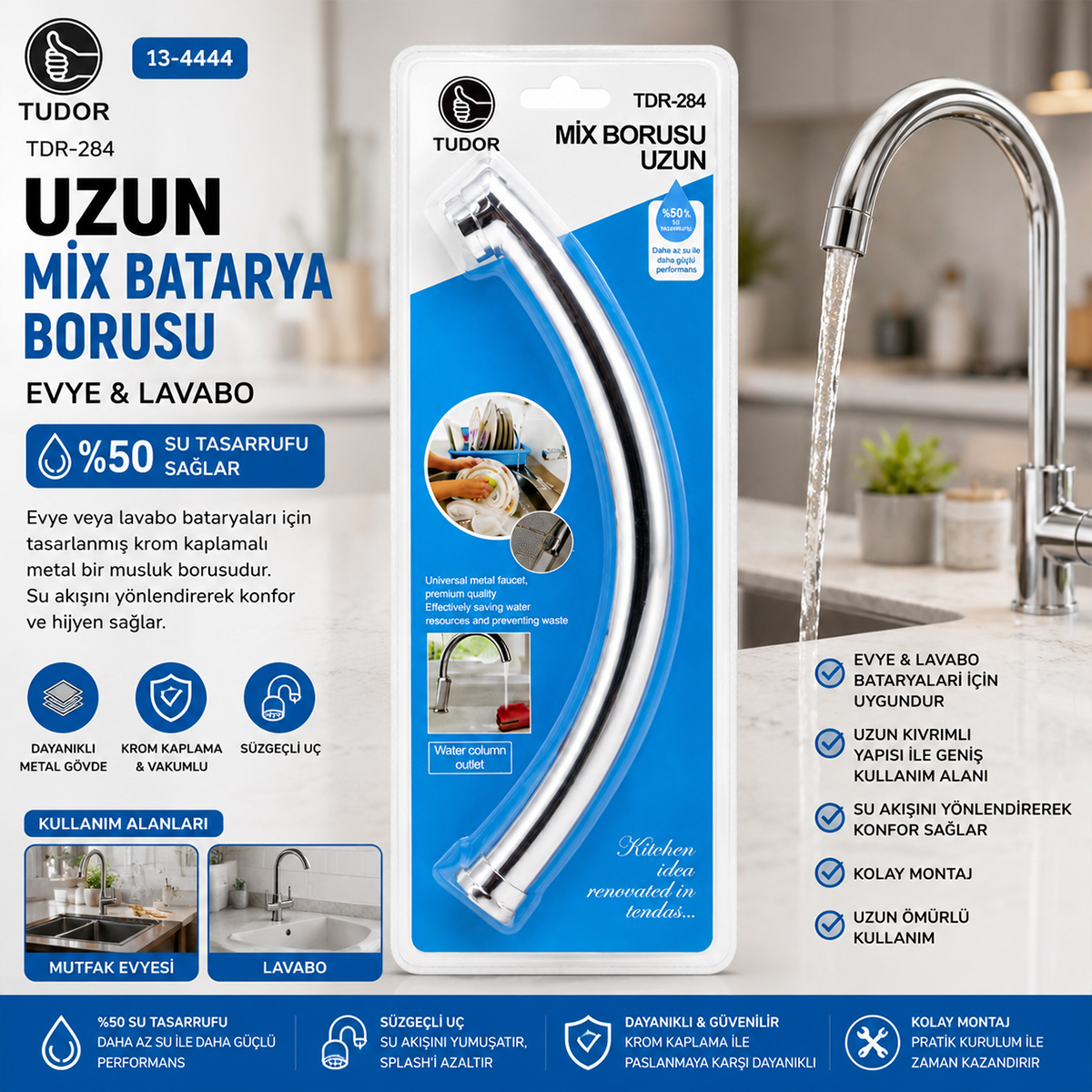 Uzun Mix Batarya Borusu (Evye ve Lavabo) - Krom Süzgeçli Uç